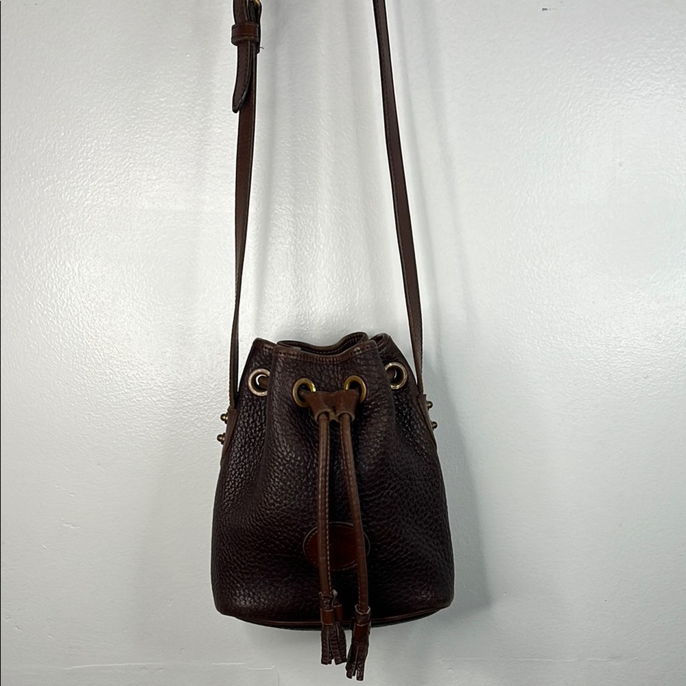 Dooney & Bourke Dark Brown Pebbled Leather Drawstring Crossbody Bag